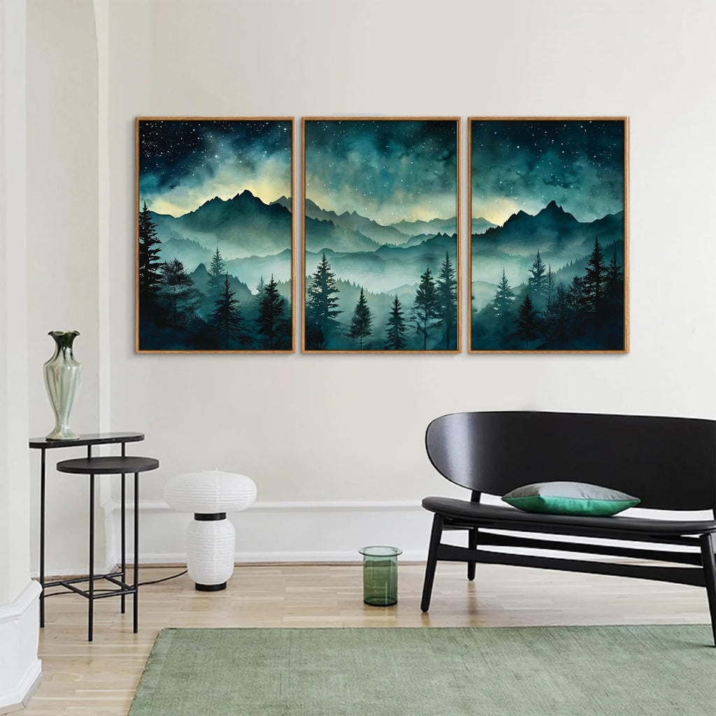 Misty Mountain Framed Canvas Wall Art, Nature Forest Green Pine Tree Wall Decor, Starry Night Art Paintings, Modern