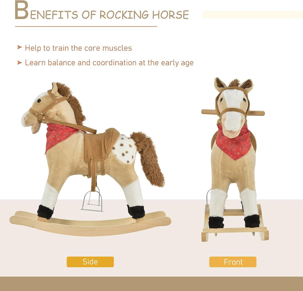Kids Plush Ride-On Rocking Horse Toy with Fun Realistic Sounds Beige