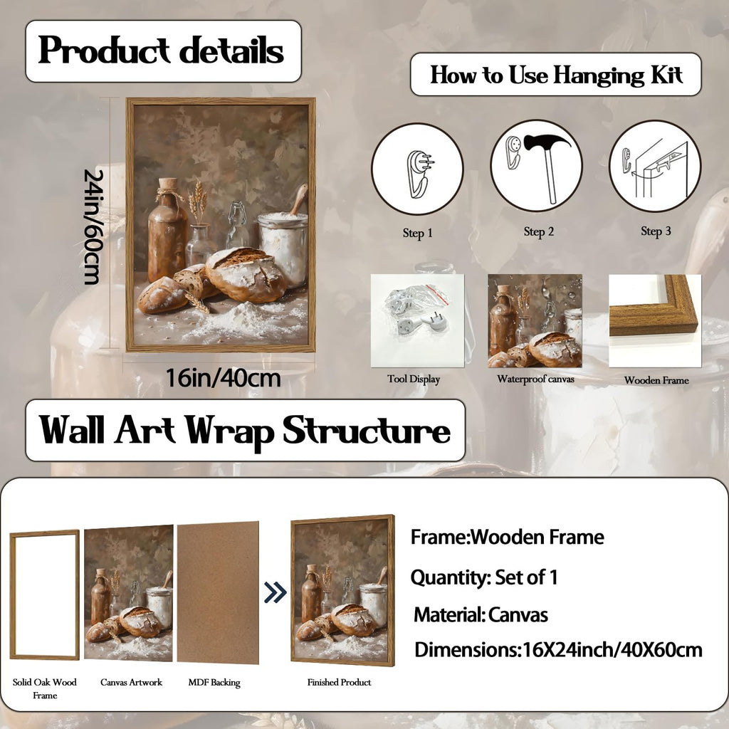 Framed Vintage Kitchen Wall Art, Rustic Bread and Flour Pictures Wall Decor Paintings, Farmhouse Food Poster Canvas
