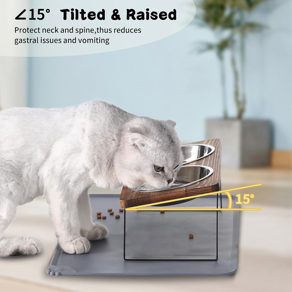 Upgraded Elevated Cat Bowls with Food Mat, 15°Tilted Stand Anti Vomiting Raised Cat Dishes for Food and Water, 2