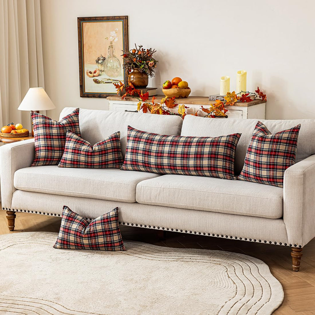 14x36 Brown Christmas Tartan Plaid Long Lumbar Pillow Cover, Cottage Decor