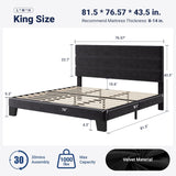 King Platform Bed Frame with Velvet Upholstered Headboard and Wooden Slats Support