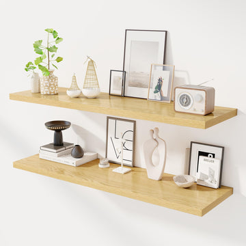 48" Floating Shelves for Wall, 12" Deep Slim Oak Floating Shelves, Wall-Mounted Shelves - Set of 2
