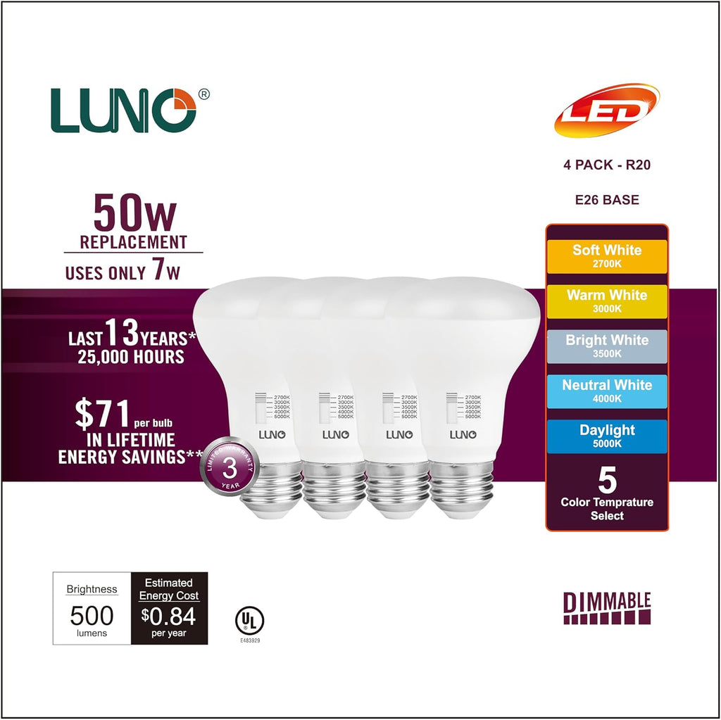 R20 Dimmable LED Bulb, Color Selectable, 7W (50W Equivalent), 500 Lumens, 2700K, 3000K, 3500K, 4000K, 5000K, 5CCT, UL