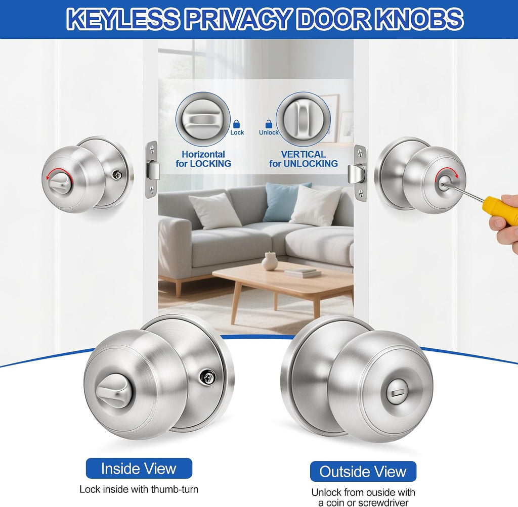 10 Pack Brushed Nickel Door Knobs,Privacy Door Knob with Lock, Interior Doorknobs Silver, Keyless Door Locks Set s