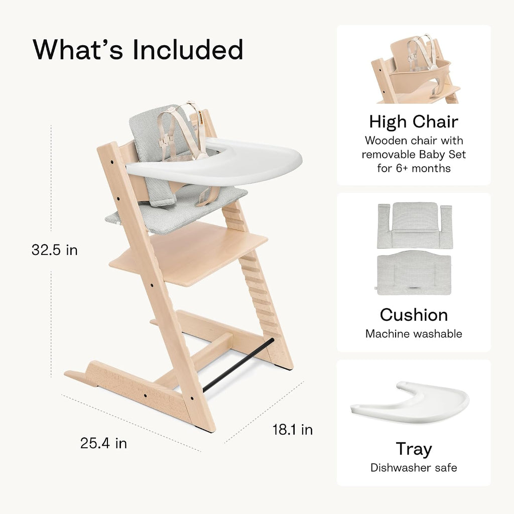 Tripp Trapp High Chair with Tray and Cushion, Natural/Nordic Grey | Includes Chair, Baby Set, Removable Harness