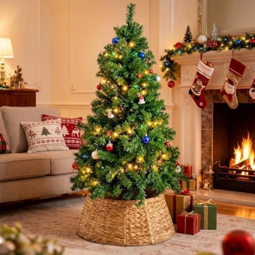 24inch Christmas Tree Collar for 4-7ft Trees, Woven Hyacinth Rattan 4-Panel Collar w/Cord Access Hole & Easy Lock