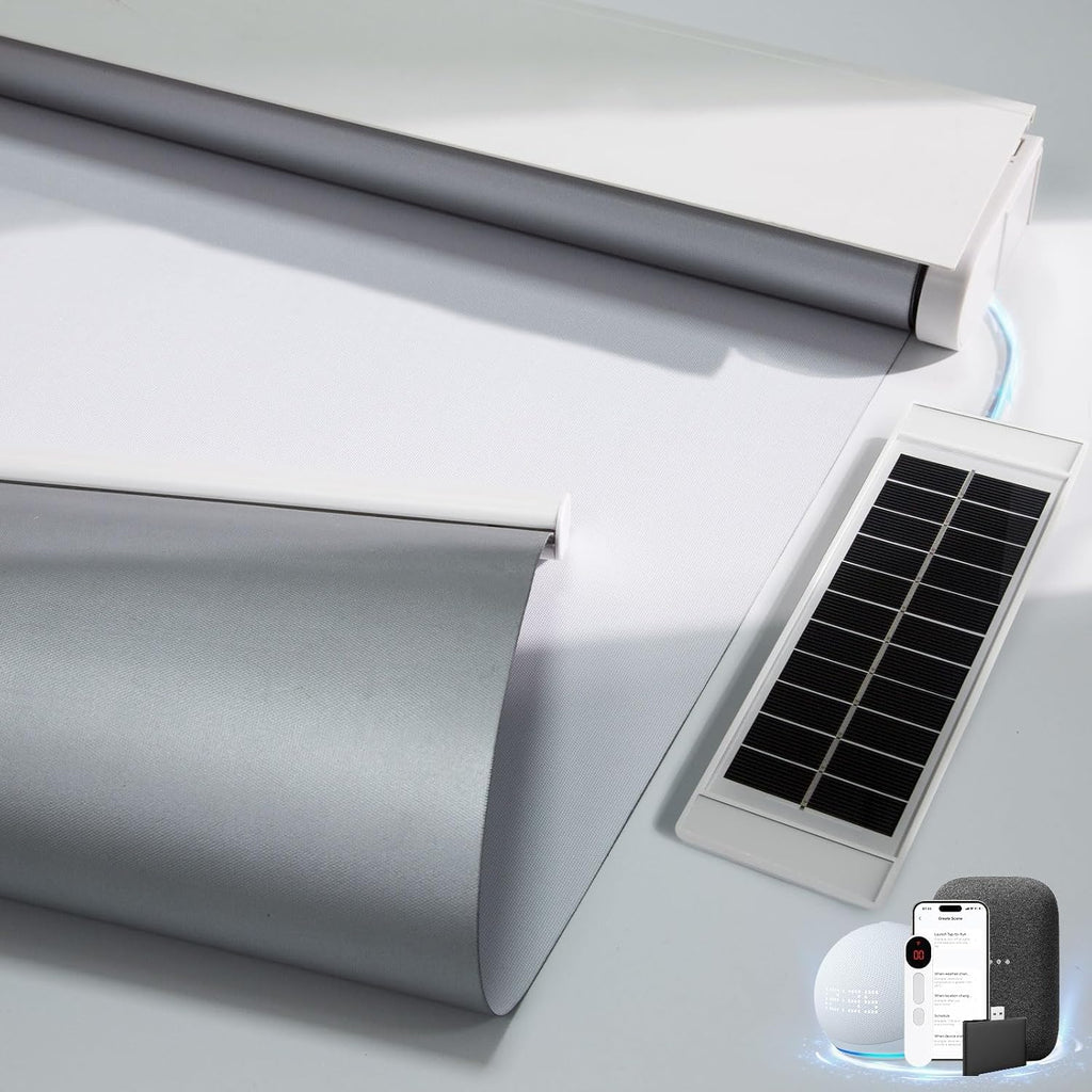 Motorized Blinds with Remote, Blackout Blinds with Solar Pan - White