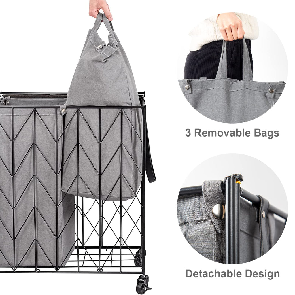 Laundry Hamper 3 Section with Lid, 142L Laundry Basket with Wheels