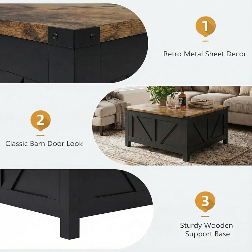 35” Farmhouse Coffee Table with Large Storage, Rustic Wood Lift Top Coffee Table