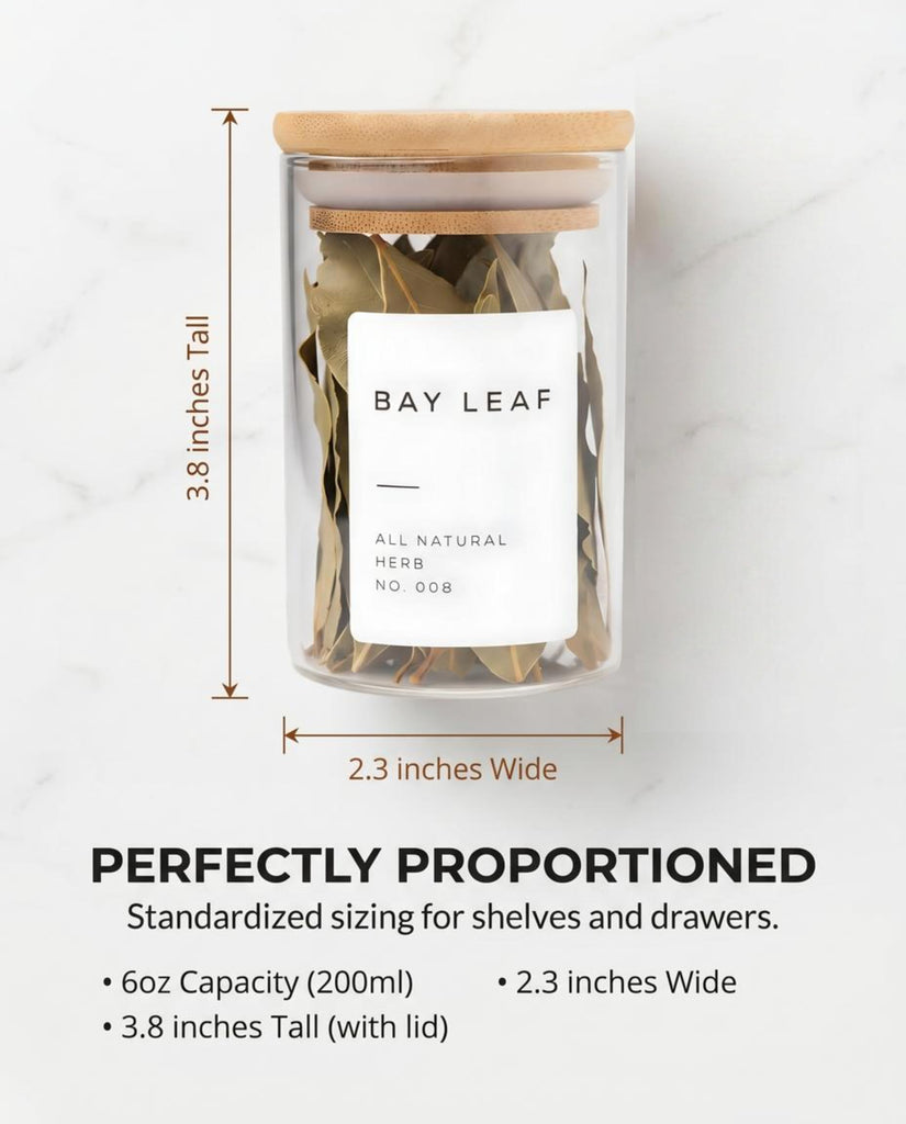 Glass Spice Jars with Label Pack (12x Bamboo Lid Glass Jar) Small 6oz Empty Spice Storage Bottles with 112 Printed