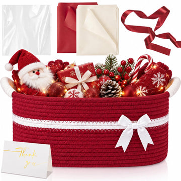 Christmas Empty Gift Basket with Handles, Red, White