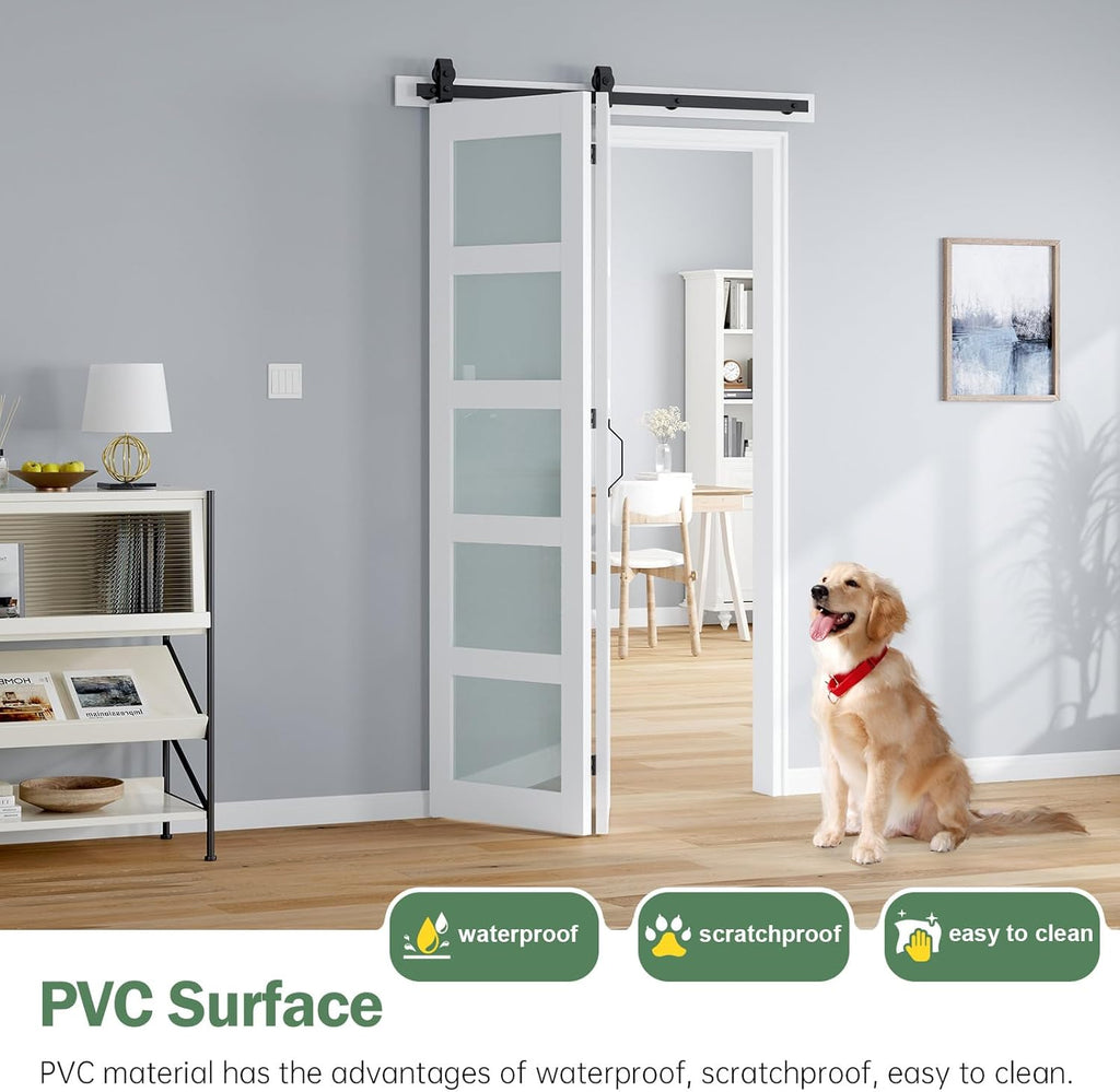 Bifold Barn Door 48x84 Inch (Double 24x84), White Frosted Glass Bifolding Doors with 52" Hardware Ki