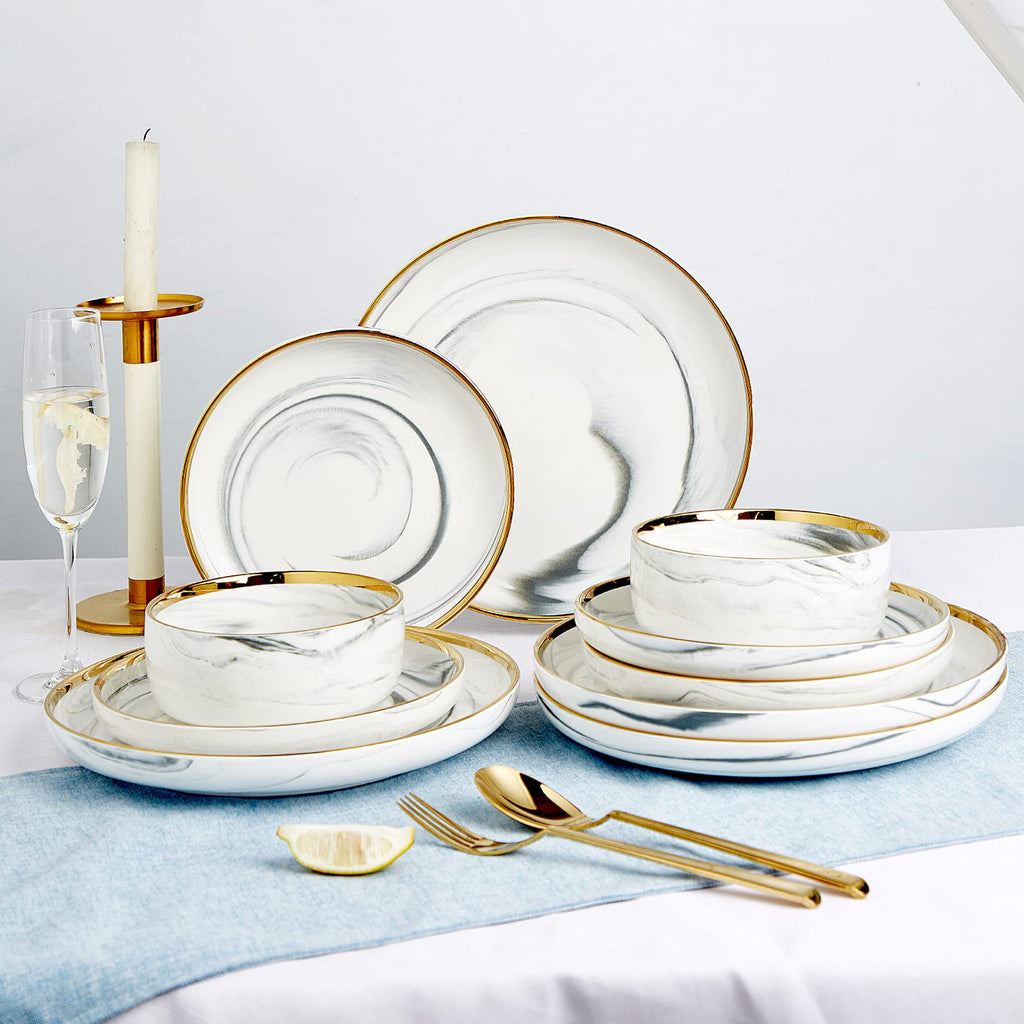 Marble Gold Rim Dinnerware Sets, Porcelain Plates and Bowls Sets