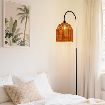 Black Arc Floor Lamp with Handwoven Rattan Shades