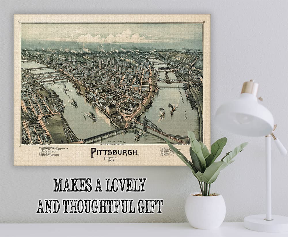 1902 Pittsburgh Pennsylvania Map - Stretched on a Heavy Wood Frame - Ready to Hang - Decor in This Highly Detailed