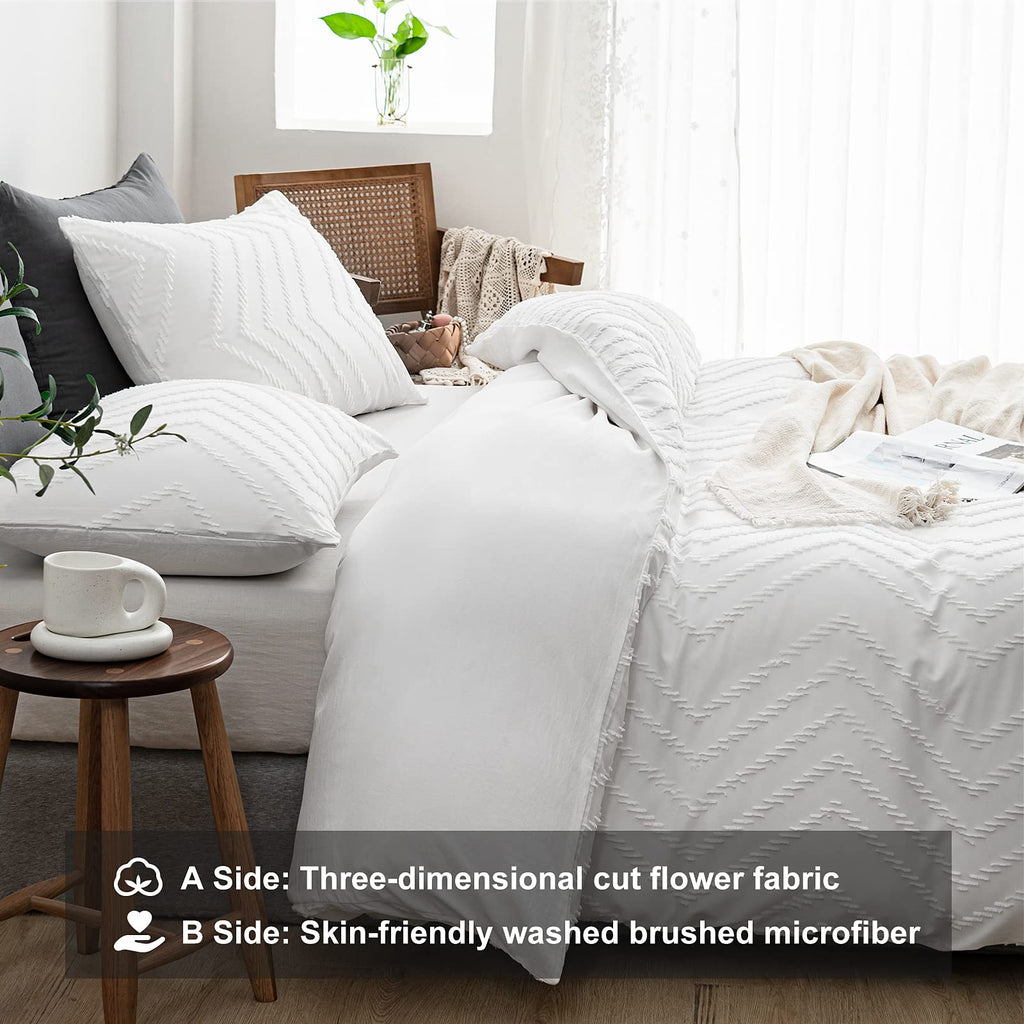 Boho Duvet Cover Queen, Striped Textured White Tufted Bedding Set