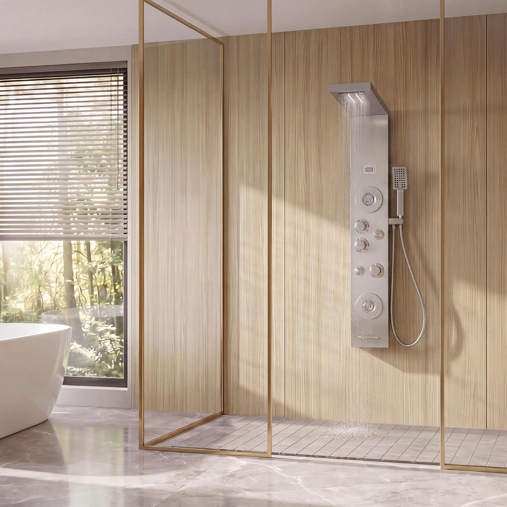 Nickel and Chrome 6 in 1 Shower Panel Tower System Rainfall Shower Panel