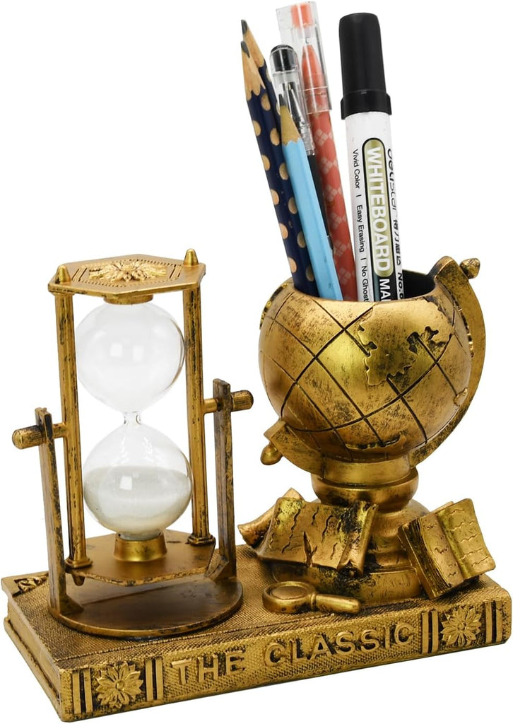 Globe-Themed Pencil Holder with Hourglass, Resin Desktop Organizer & Study, Pen Holder with Sand Timer, Classic Globe