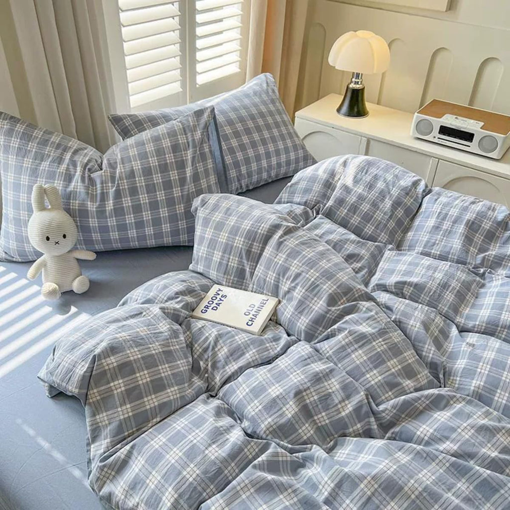 Blue Gingham Comforter Set Reversible Plaid Bedding Set