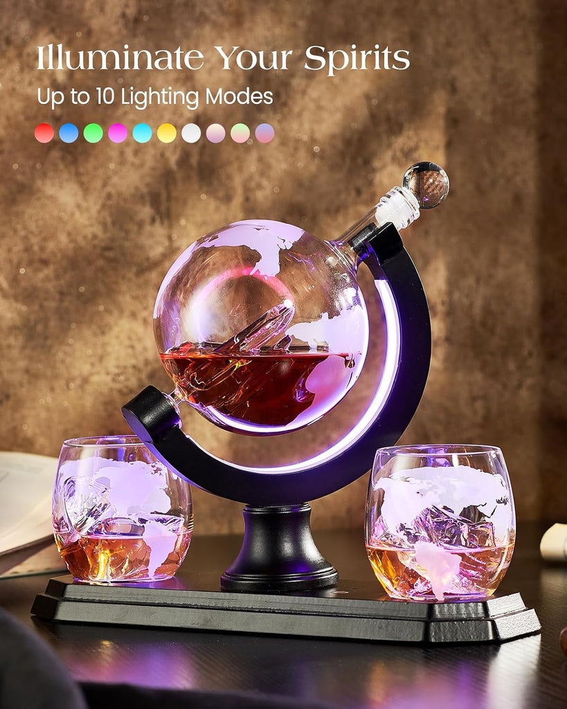 Light Up Globe Whiskey Decanter Gift Set with 2 Glasses