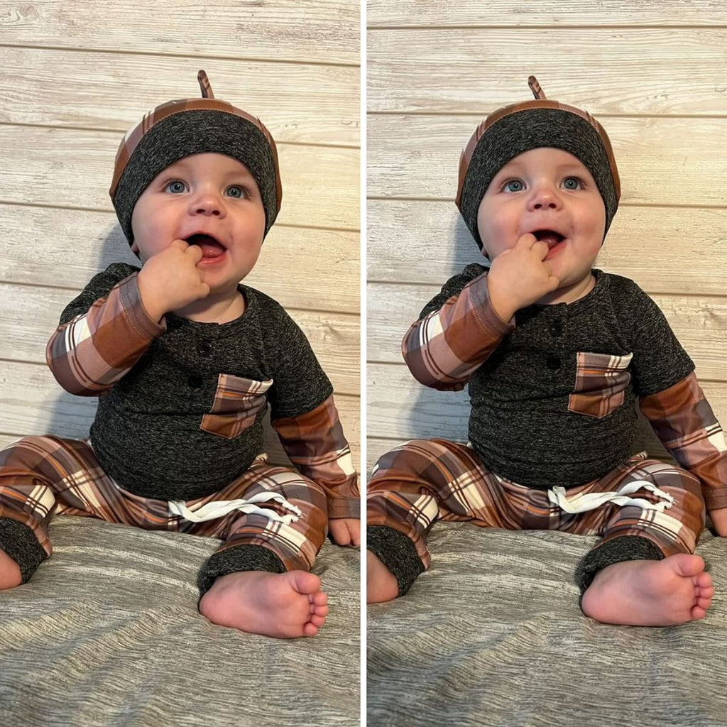 Preemie Clothes Boys, Premature Baby Boy Fall Winter Outfit Buffalo Plaid Pullover Sweatsuit Warm Thanksgiving