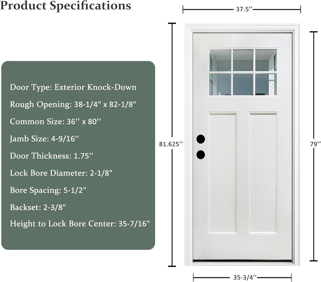 Fiberglass Entry Door, 36'' x 80'' Front Exterior Door with Brickmould and Vinyl Frame, Right Hand Inswing White
