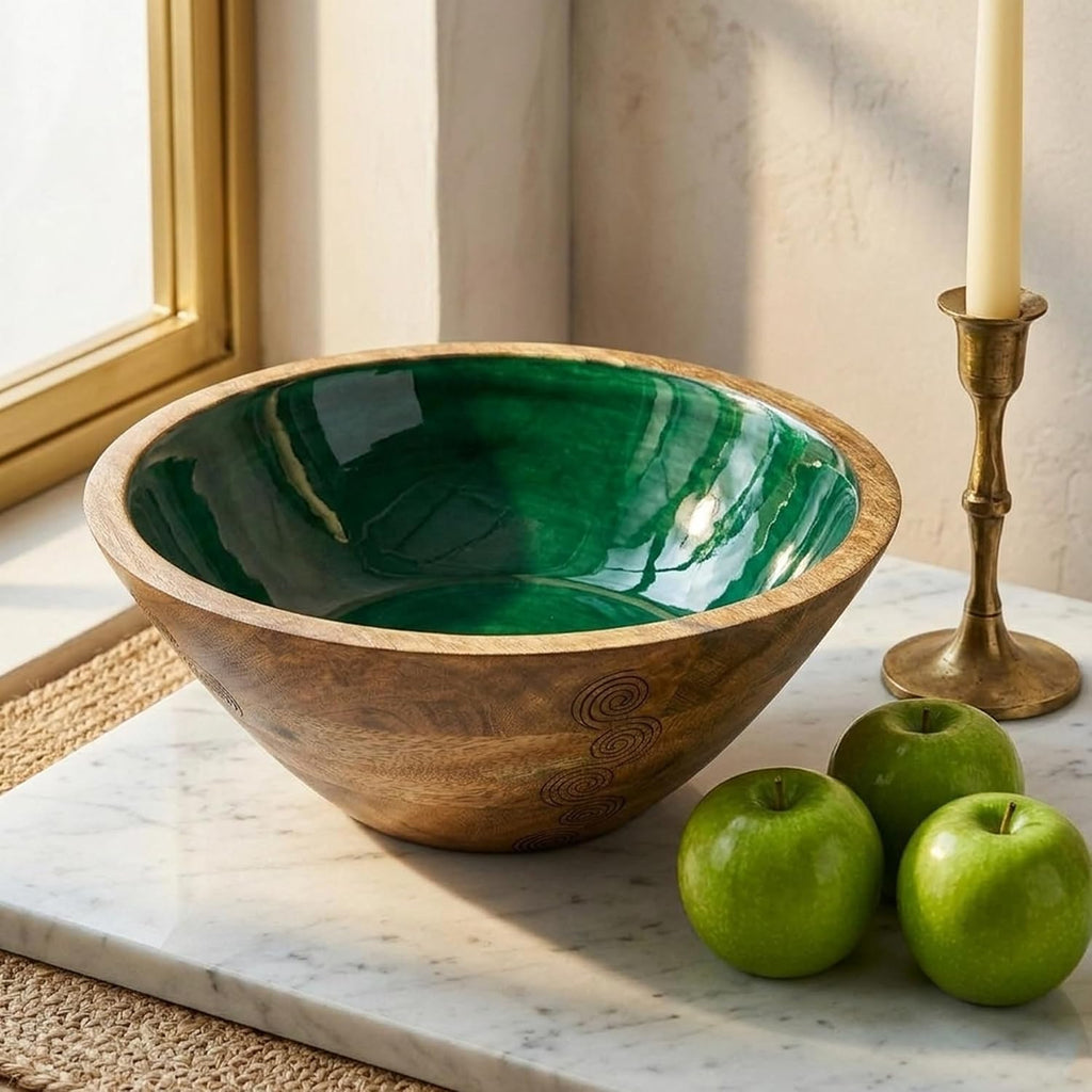 Wooden Decorative Bowl with Green Interior, Mango Wood Bowl Decor | Modern Fruit Bowl Counter; Hand-Carved Coffee