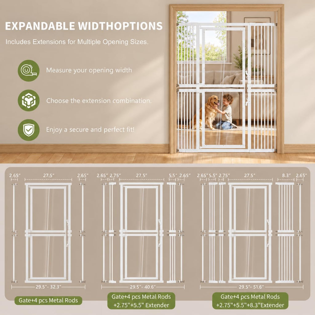73.6" Extra Tall Cat Gate, Adjustable 29.5"-51" Wide, Clear Acrylic Top and Metal Bar Bottom, Auto-Close Walk-Through