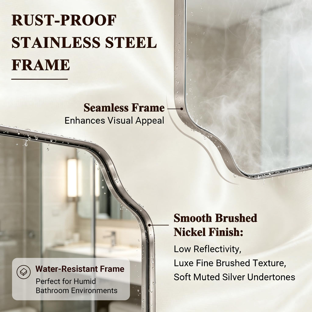 30"x30" Brushed Nickel Square Mirror, Silver Bathroom Mirror for Over Sink, Modern Scallop Mirror in Anti-Rust