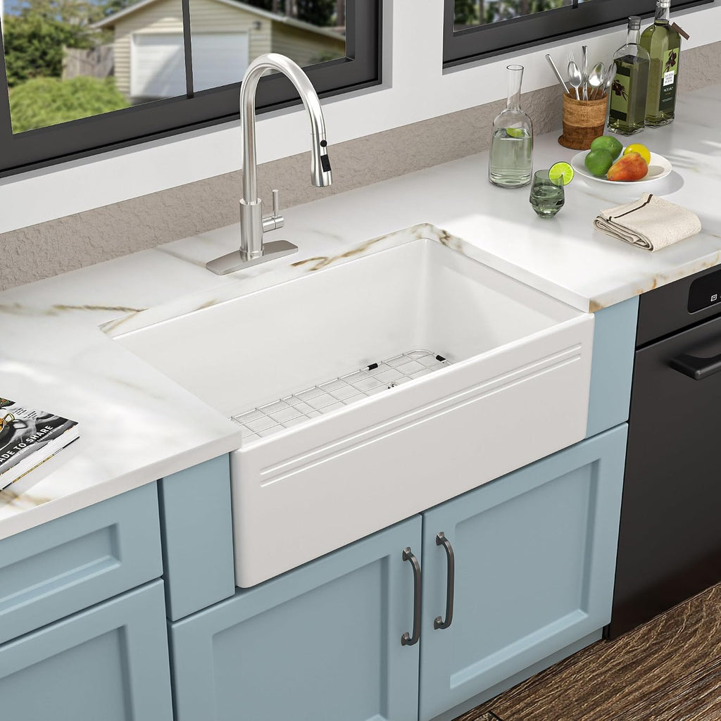 30"x18" White Farmhouse Sink - Reversible Apron Front, High-Gloss Fireclay Porcelain Ceramic Farm Kitchen Sink