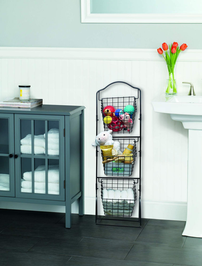 3-Tier Wire Market Basket, Antique Black Metal Kitchen Counter Organizer for Fruit, Vegetables and Pantry Storage