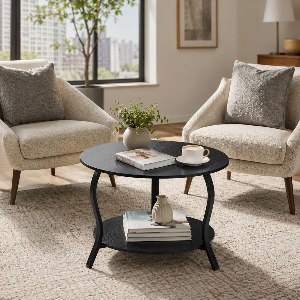 Small Round Coffee Table with Open Storage, 23" 2-Tier Coffee Side Tables for Small Space, Accent Center Table Circle