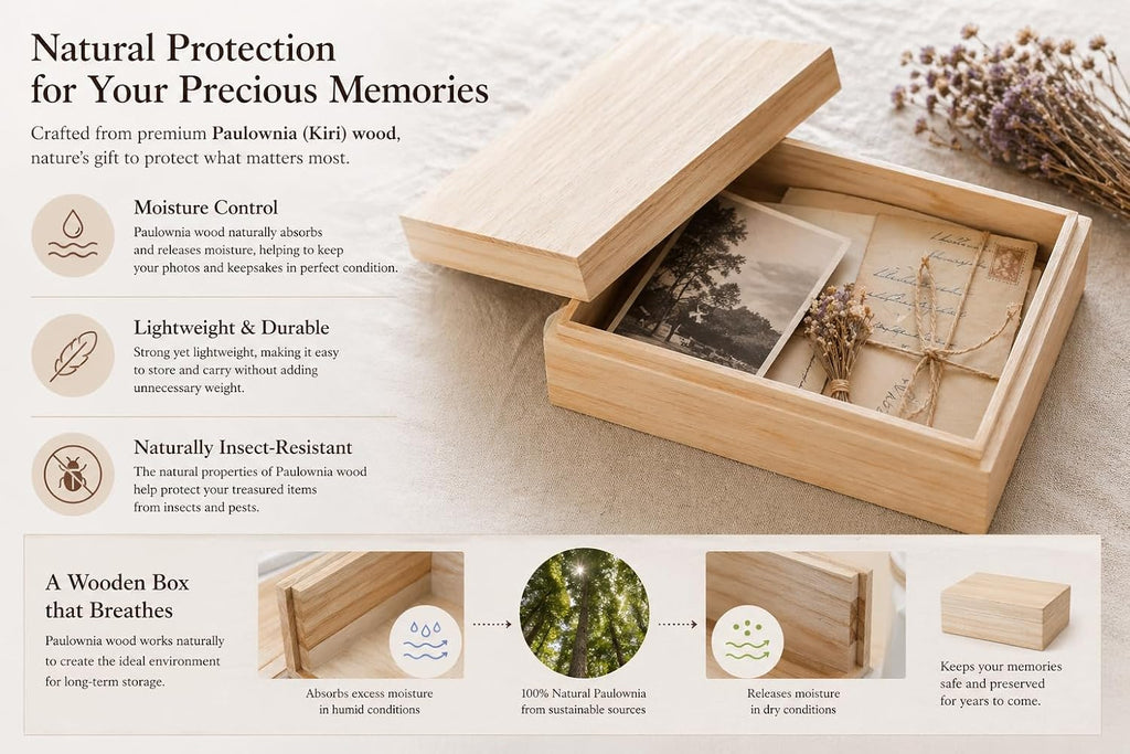 Wooden Keepsake Box for Photos & Memories, Japanese Kiribako Storage for Letters & Postcards, 5.9 x 4.15 x 1.8