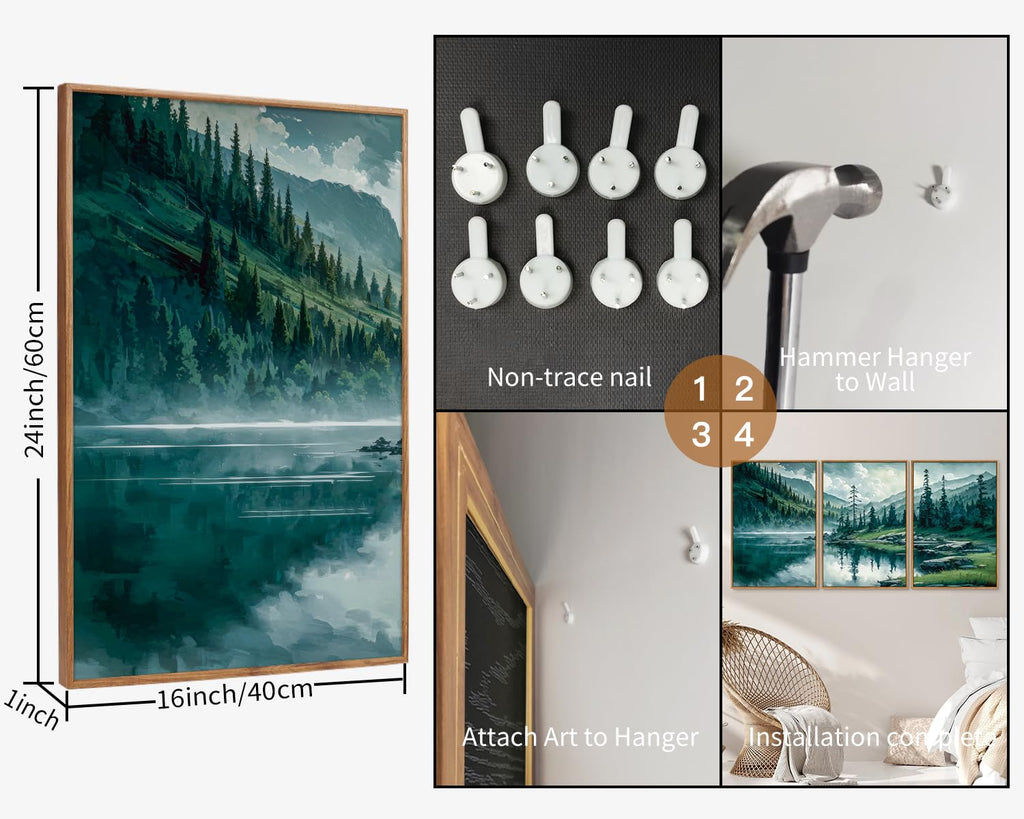Large Nature Forest Framed Canvas Wall Art Set, Boho Mountains Calming Lake Wall Decor, Green Pine Trees Artwork