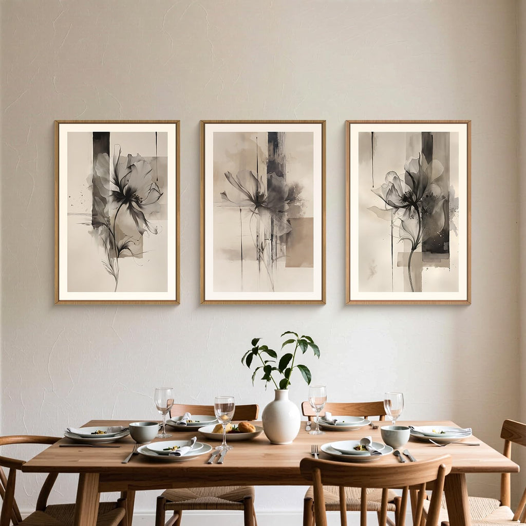 Large Black Beige Floral Canvas Wall Art Set 3, Neutral Abstract Florals Framed Prints, Brushstroke Geometry Line