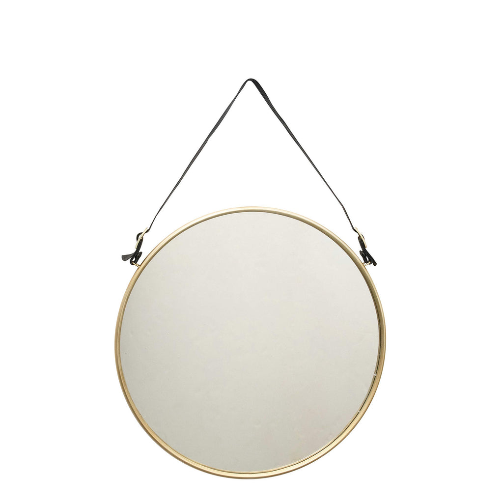 Round Metal & MDF Hanging Wall Mirror with Buckle Strap, Brushed Brass Finish