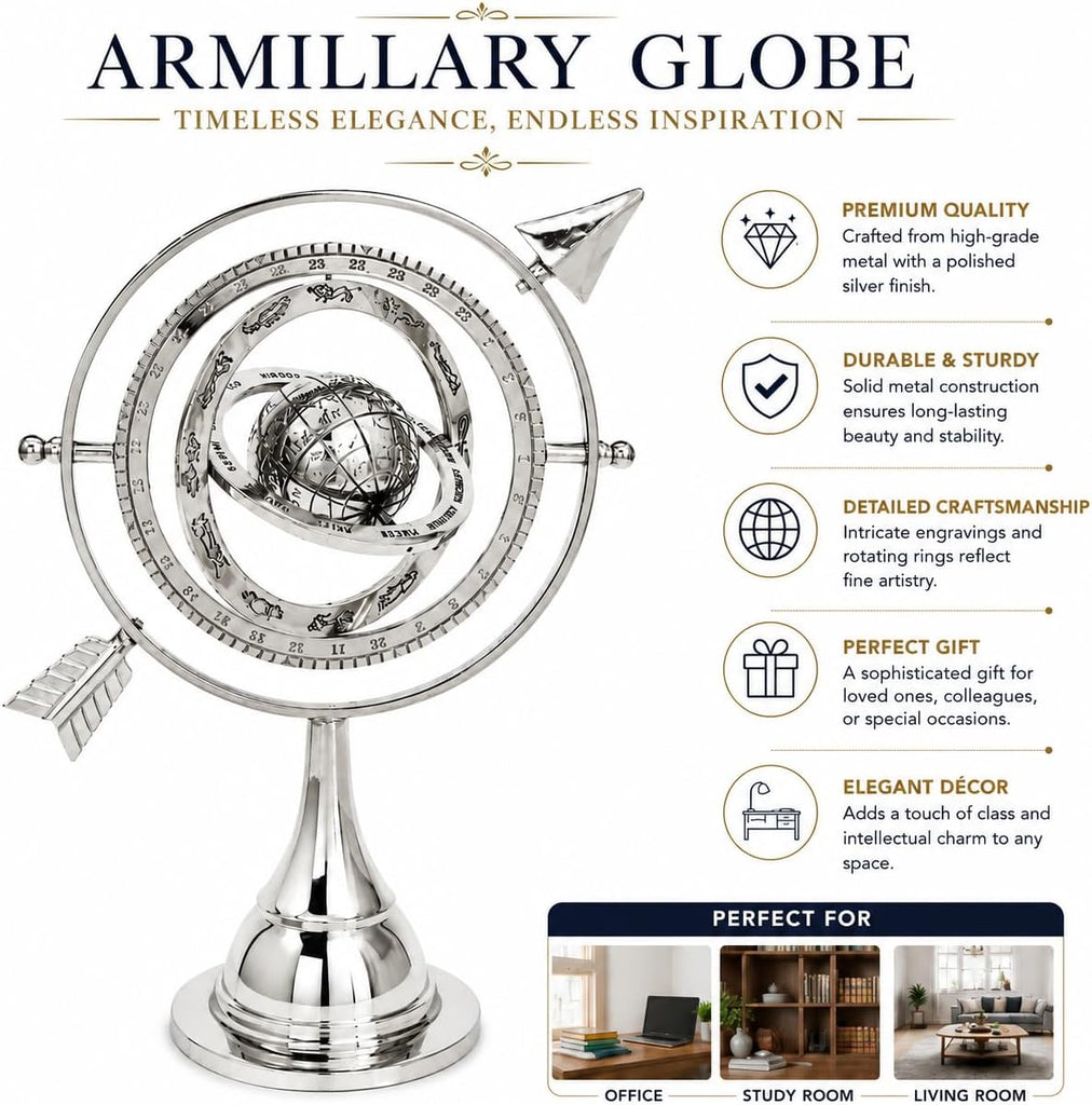 Silver Armillary Sphere Desk Decor - Celestial Globe Astrolabe with Arrow Design, Decorative Antique Showpiece Table.