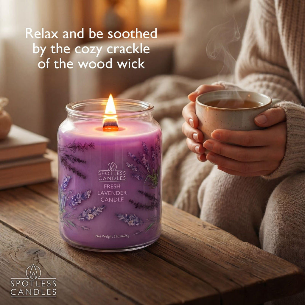 Lavender Candle 22oz Gift Boxed: 130 Hour Burn, Minimum 10% Fragrance Oil, Crackling Wooden Wick, Bergamot Lavender &
