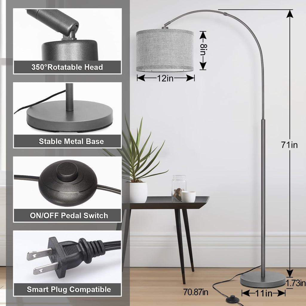 Modern Floor Lamp, Arc Standing Lamp with Gray Lampshade and Pedal Switch