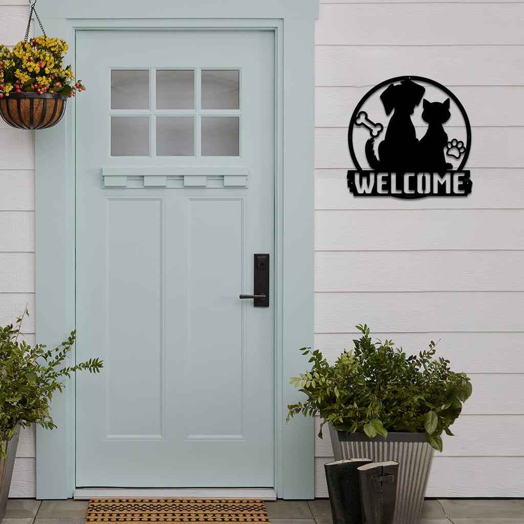 Cat and Dog Welcome Metal Sign for front door Pet Lover Metal Decoration Large 12 inch Thick metal Wall Hanging Decor