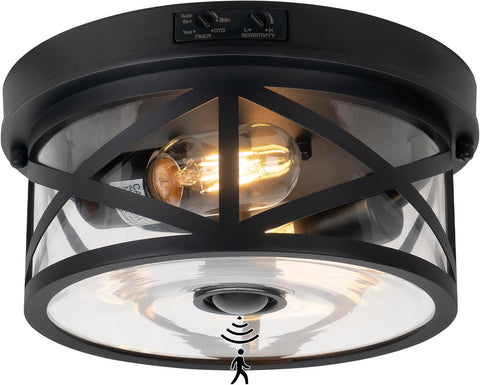 Motion Sensor Outdoor Ceiling Light, Adjustable Black Flush Mount Light Fixture, 2-Light Porch Lights Outdoor