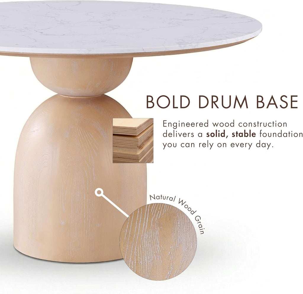Sonya Modern Round Dining Table with Drum Base and Faux Marble Stone Top, Easy Assembly for Home, Kitchen and Living