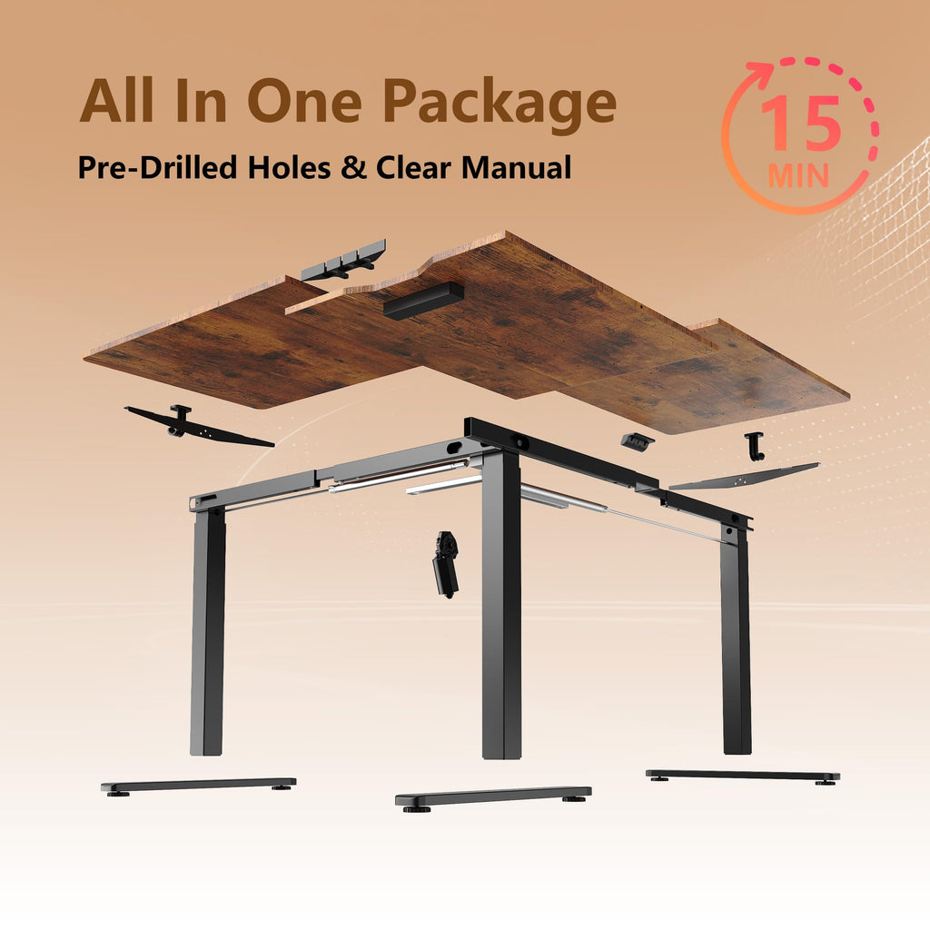 63 x 55 Inch L-Shaped Standing Desk, Electric Corner Workstation Brown