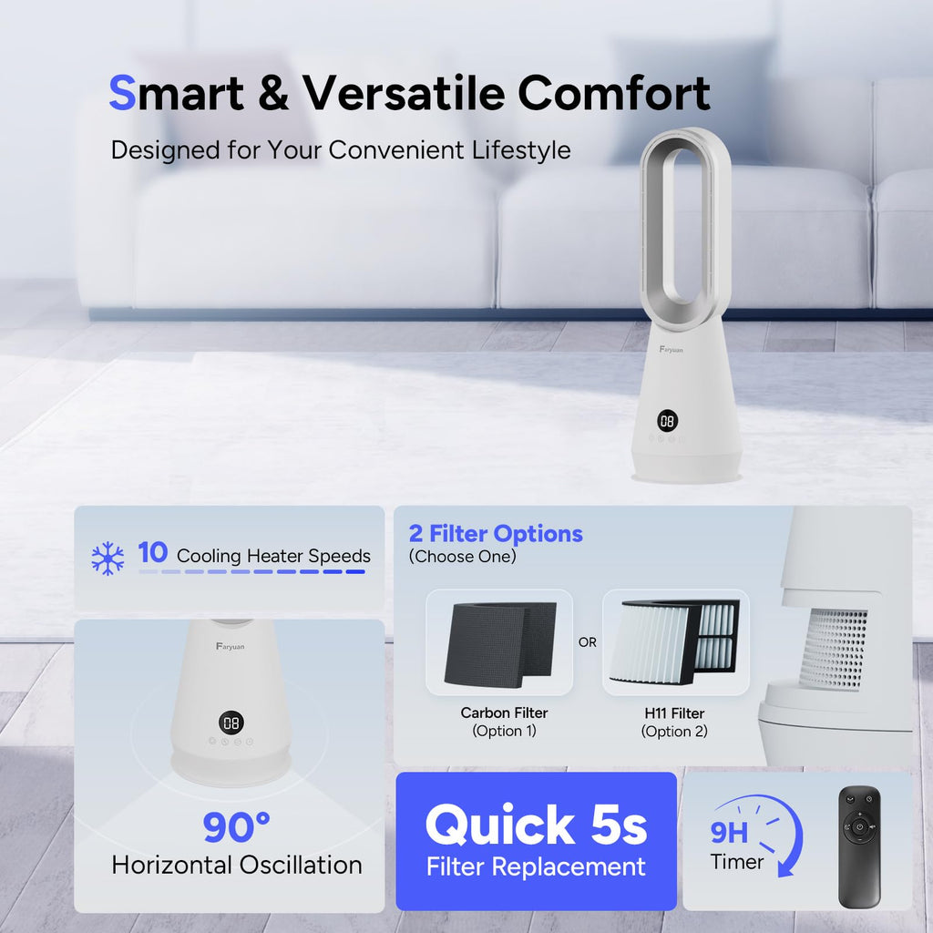 2-in-1 Bladeless Tower Fan, 22 Inch Cooling Fan with Air Purifier, 90° Oscillating, 8 Speeds, Remote, 9H Timer, Quiet