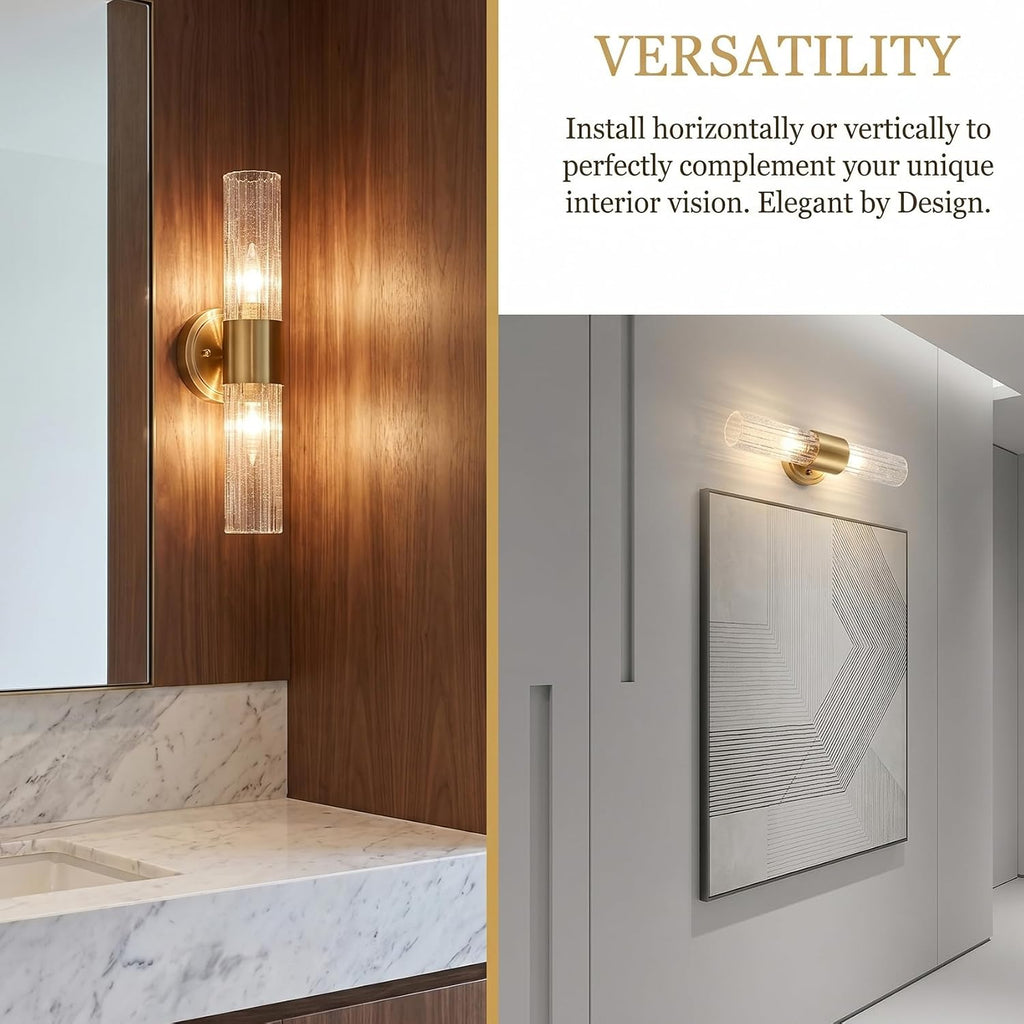 Modern Gold Wall Sconce with Crackle Reeded Glass Shade | Gold 2-Light Wall Light, E12 Indoor Wall Lighting for