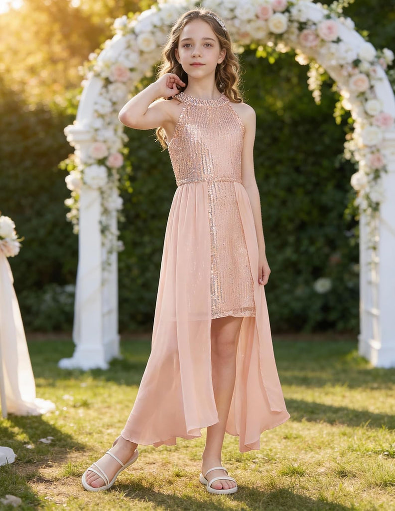 Girls Halter Neck Sequin Dress Kids Fancy Formal Party Christmas Sparkly Pageant Birthday Dresses