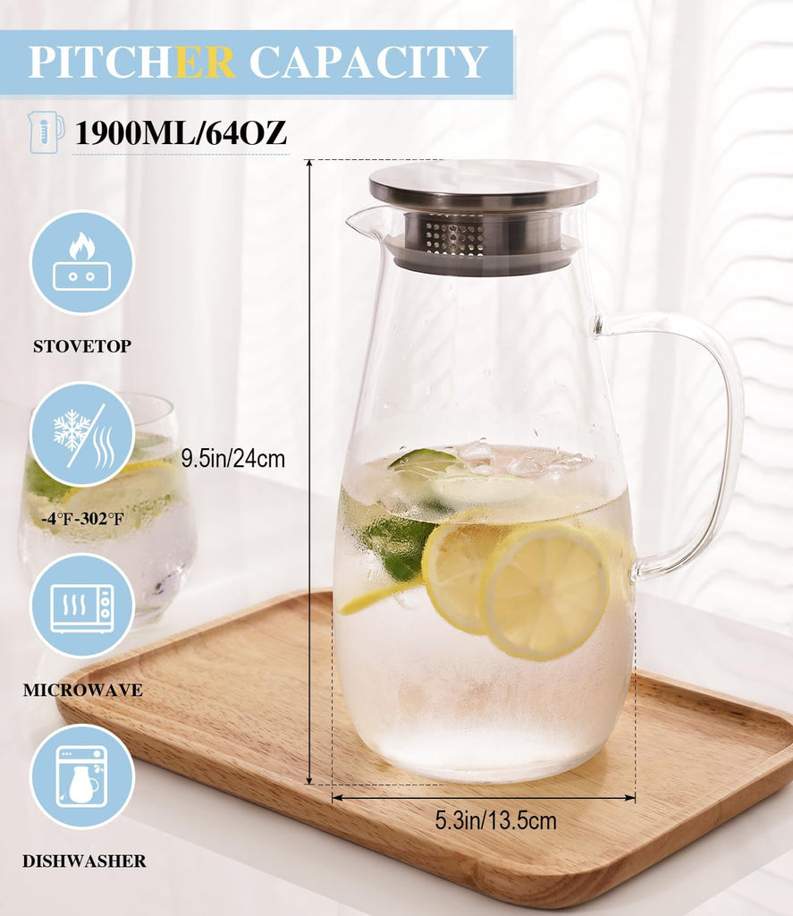 Glass Pitcher with Lid, Water Pitcher for Fridge, 64oz Drink Jug with handle, Borosilicate Glass for Iced Tea, Juice