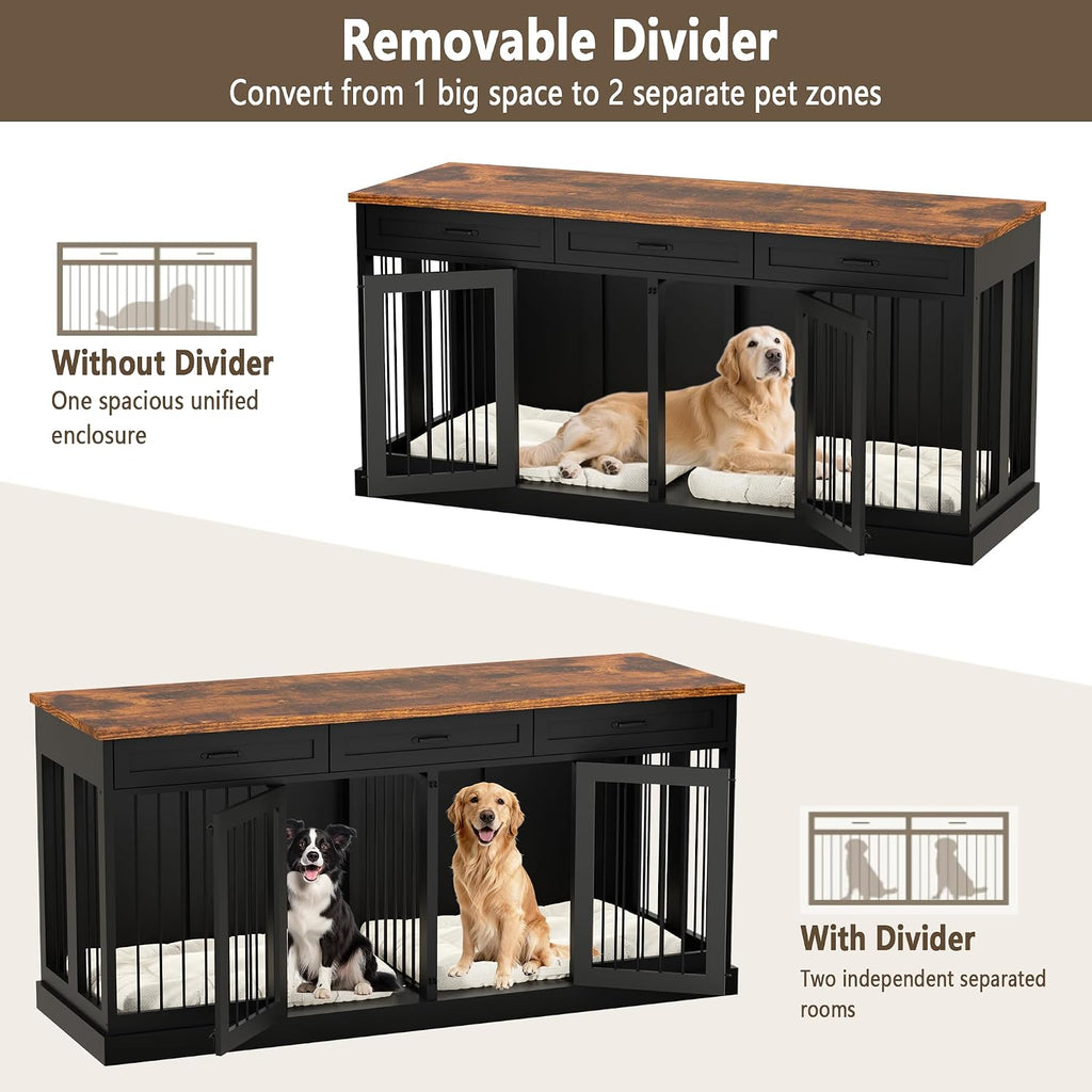 71" Double Dog Crate Furniture TV Stand with Removable Divider & 3 Drawers