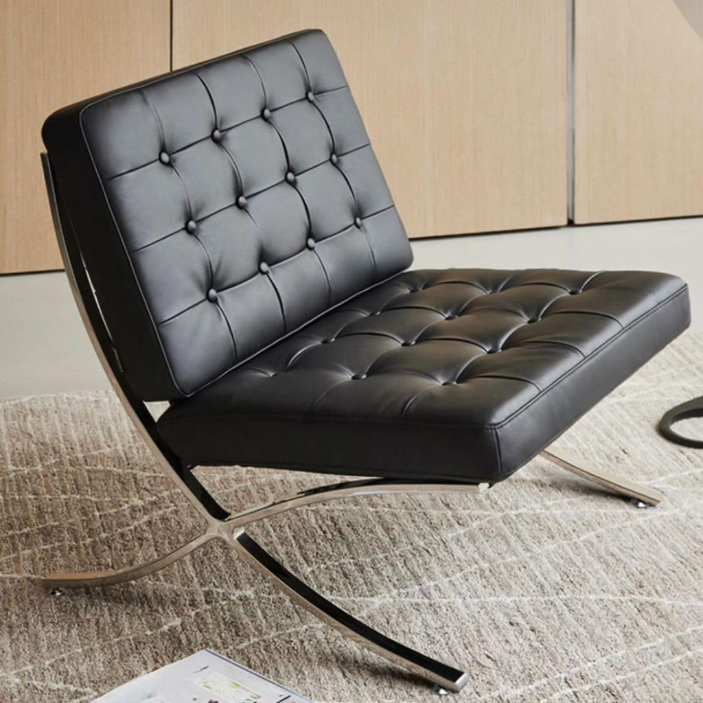 Inspired Barcelona Style Leather Lounge Chair and Ottoman — Black Oiled Leather, Compact Seat (23.5″L)